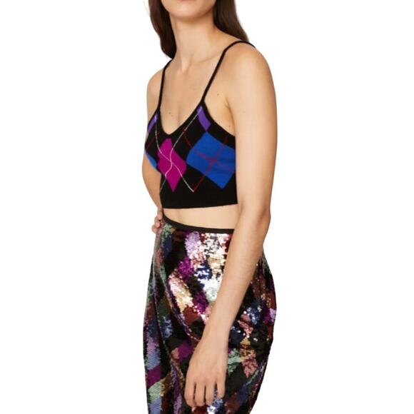 Le Superbe Revolve Pink Black Blue Argyle Cashmere blend Gem Crop Top Women's M - Picture 1 of 7